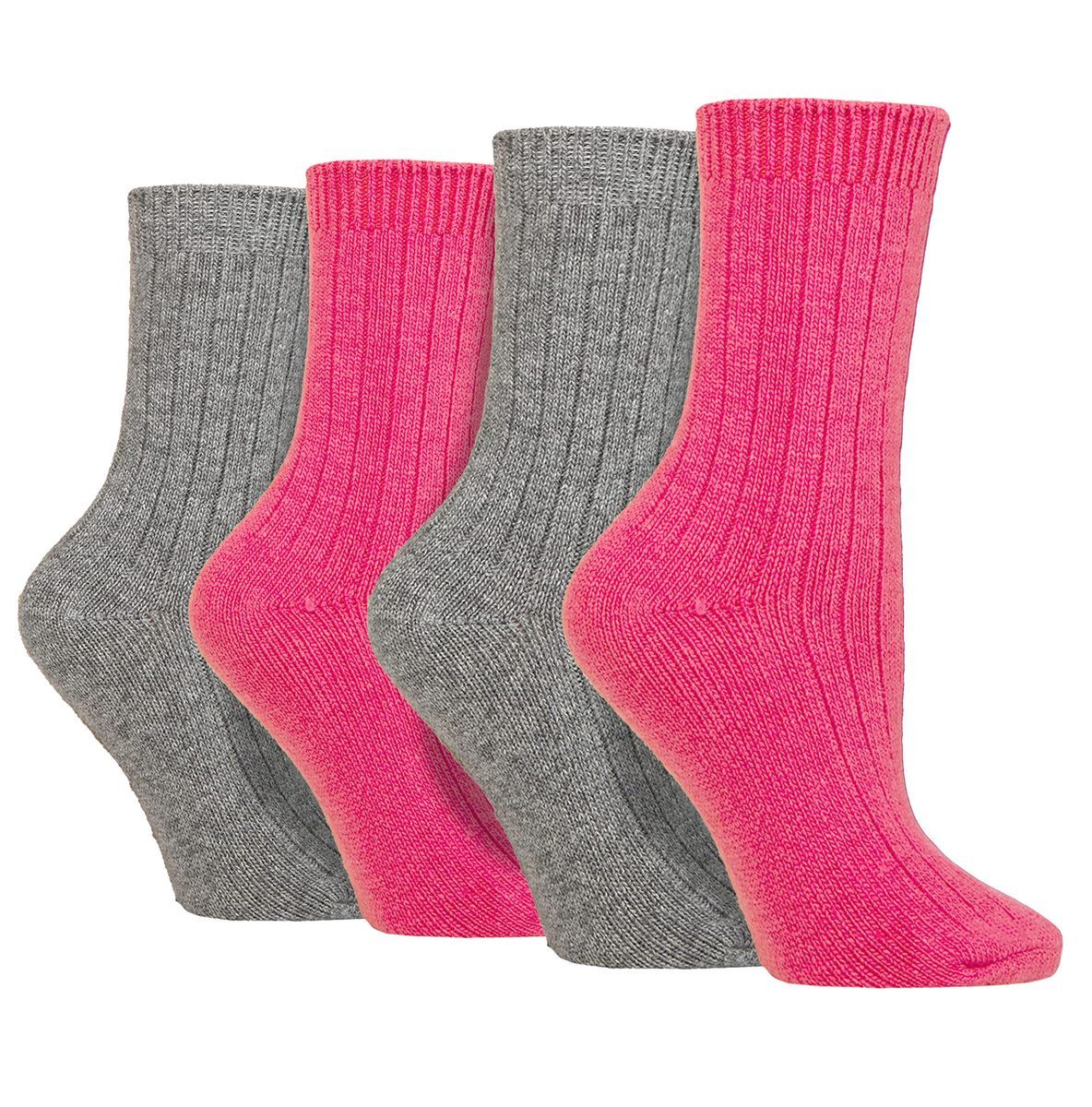 4er-Pack Damen Kaschmir-Stiefelsocken | Wildfeet | Gerippte Crew Wollbettsocken - Rosa/Grau