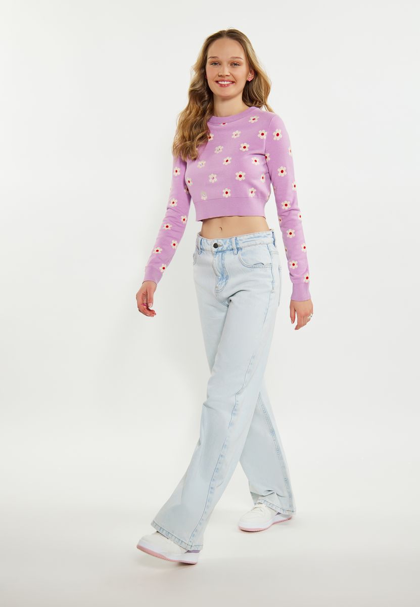 Kurzer Strickpullover mit Blumen-Jacquard