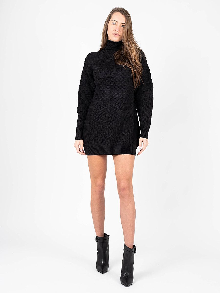 Schwarzes Rollkragen-Mini-Strickkleid