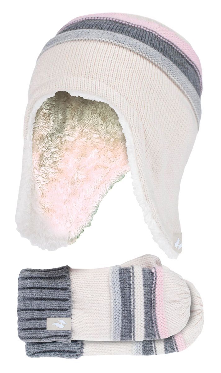 Wärmehalter - Mädchen Winter Warm Pom Pom Bobble Beanie Mütze und Handschuhe Set - Buttercream