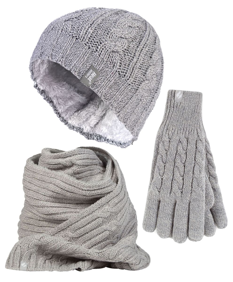 Damen-Set aus Strickmütze, Schal und Handschuhen | Wärmehalter | Mit Fleece gefüttertes Thermo-Set für kaltes Wetter für den Winter in Hellgrau