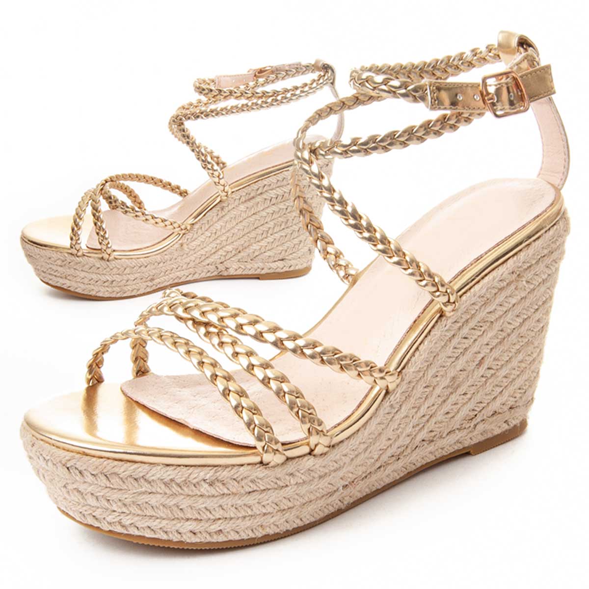 Geflochtene Metallic-Espadrille-Keilsandaletten