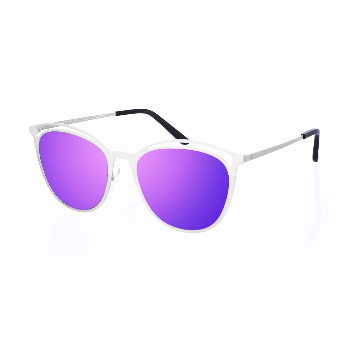 Ovale Sonnenbrille aus Metall mit lila Gläsern