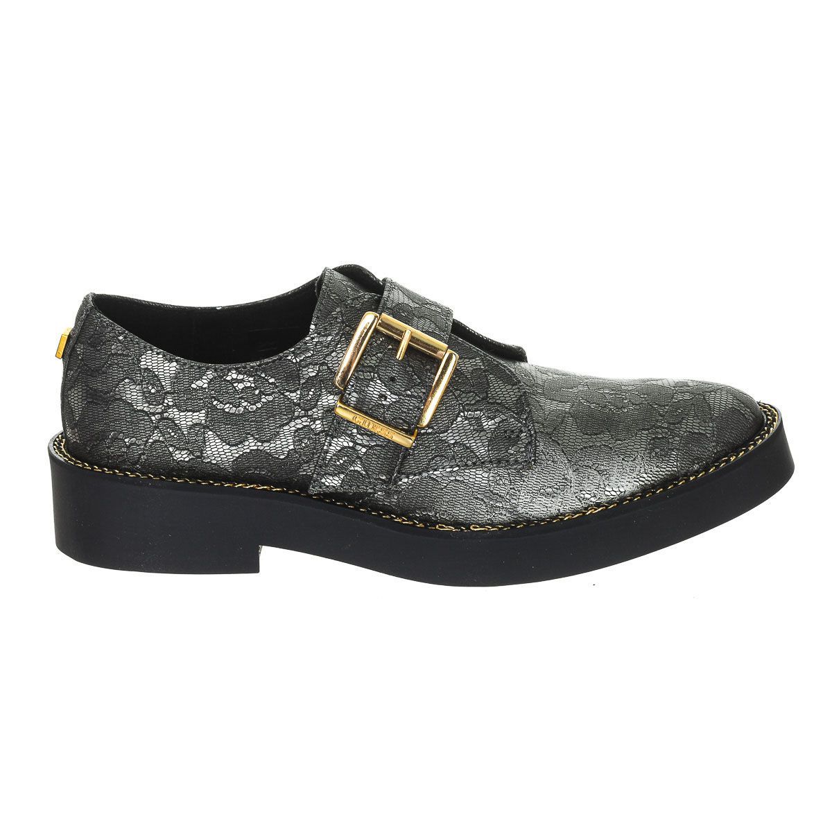 Silberfarbener Schnallen-Loafer mit Spitzenmuster
