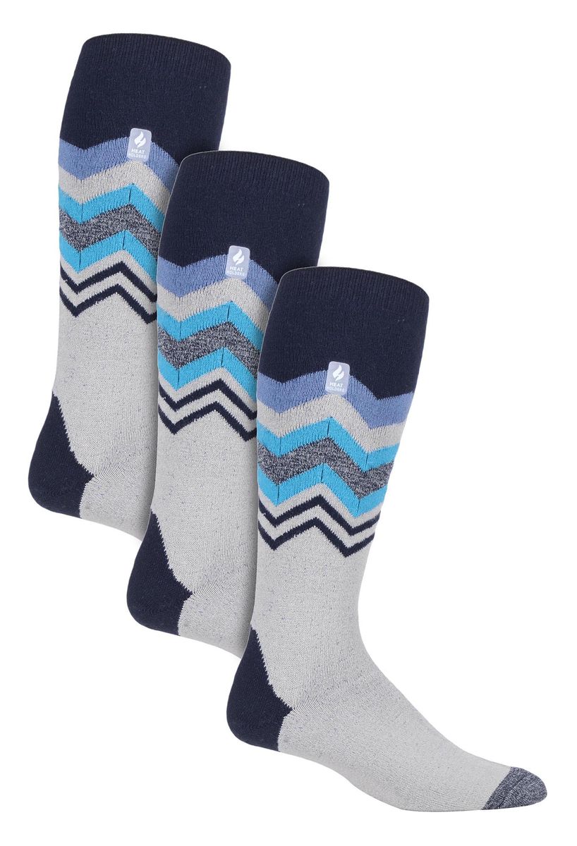 3 Paar Multipack Ultra Lite Herren Skisocken | Wärmehalter | Funky Patterned Striped Knee High Socks - Grau Zig Zag