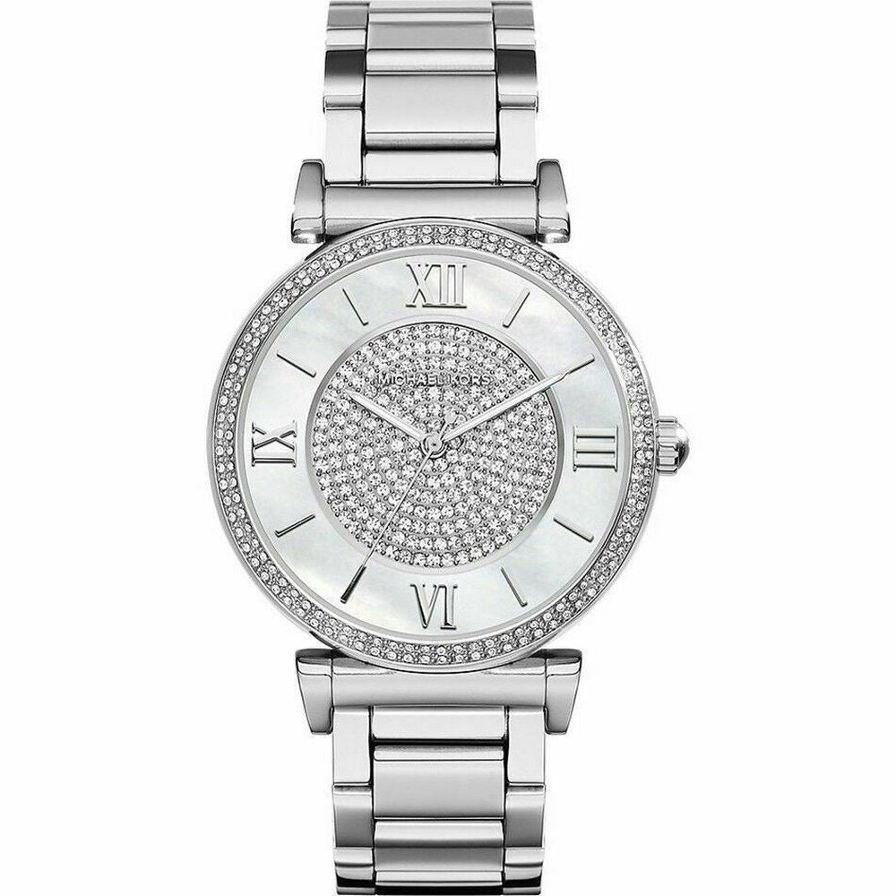 Elegante silberfarbene Uhr mit Kristallakzenten