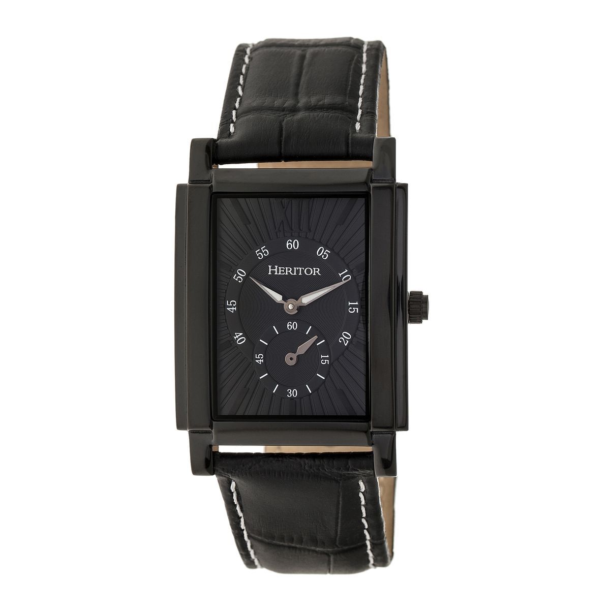 Rechteckige schwarze Automatikuhr mit Lederarmband
