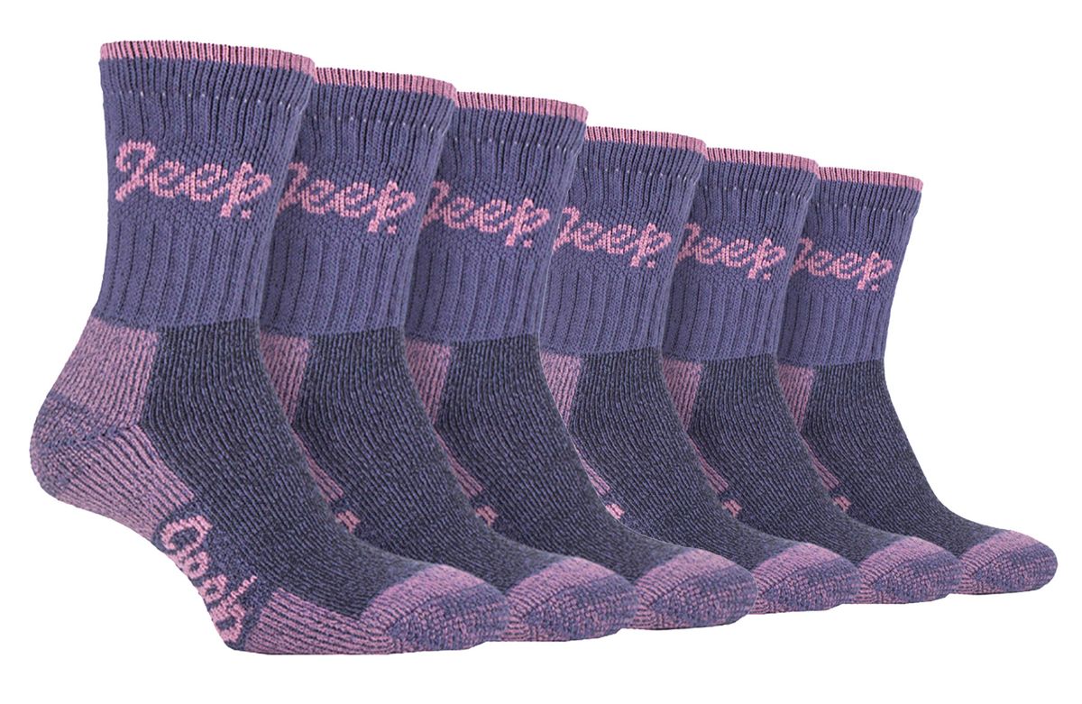 JEEP - 6 Paar Multipack Damen Baumwolle atmungsaktiv gepolstert Wandern Socken | Damen gepolstert Anti Blister Crew Trekking Socken - Lila / Rose