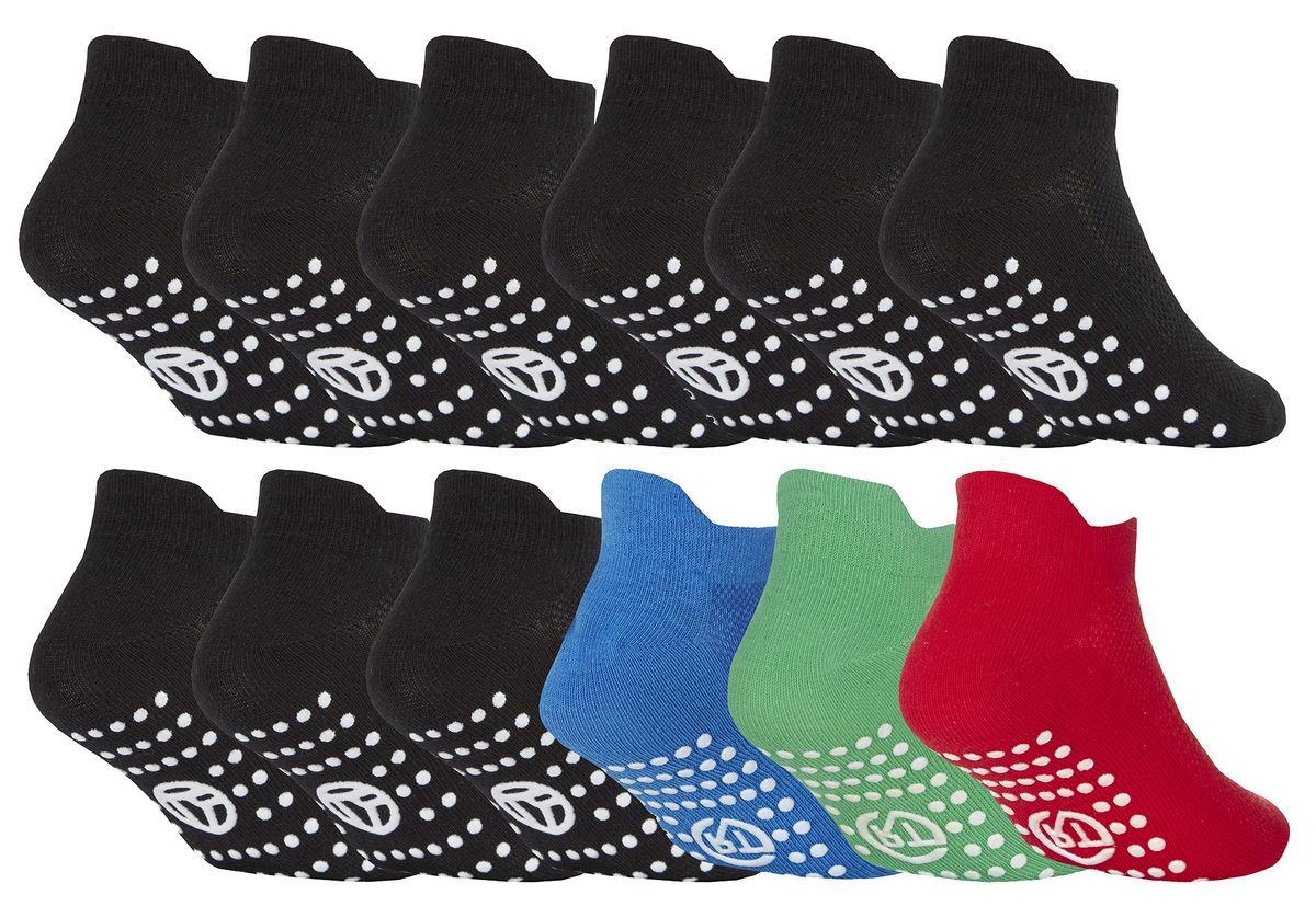 12 Paar Multipack Kinder Baumwoll-Trainersocken mit Gummigriff - Schwarz / Grün