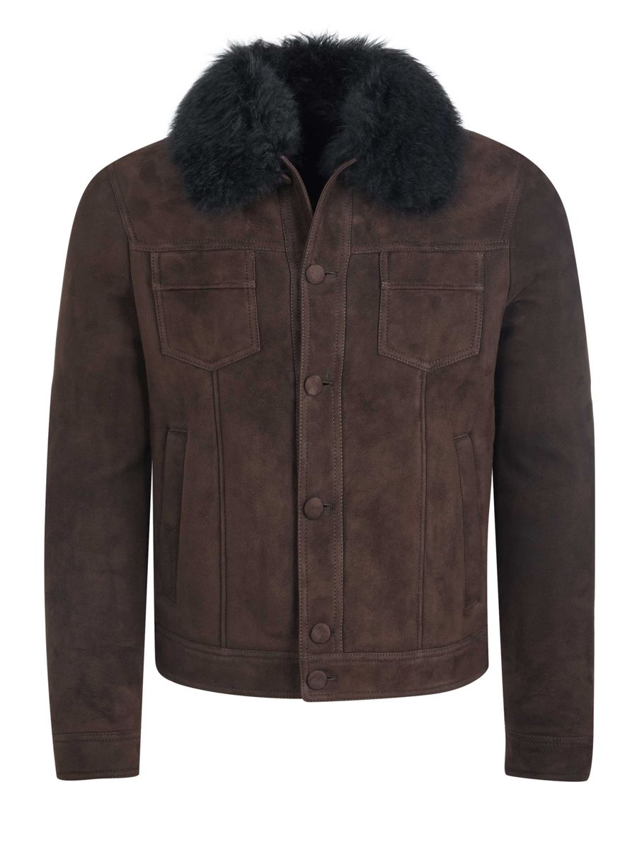 Braune Wildlederjacke mit Fellkragen