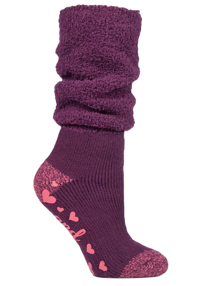 Heat Holders Damen-Thermo-Bettsocken mit Greifern, weich, flauschig, Slouch-Oberteil, rutschfest, Weinrot (Slouch)