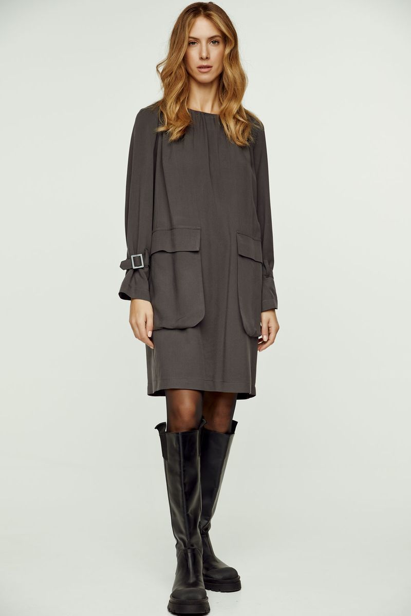Dunkelgraues Tencel-Kleid mit Taschen