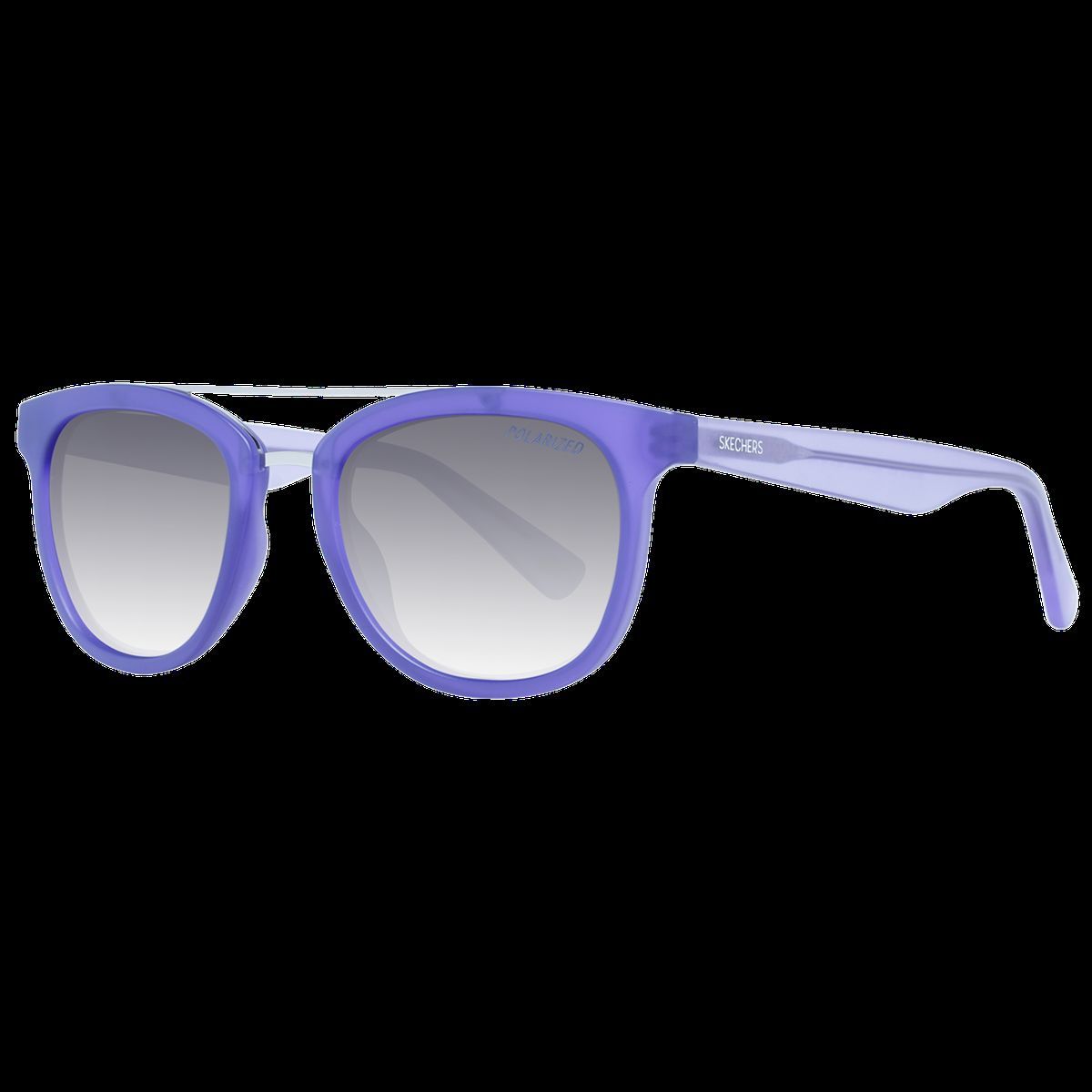 Quadratische, lilafarbene Sonnenbrille mit silberner Stange