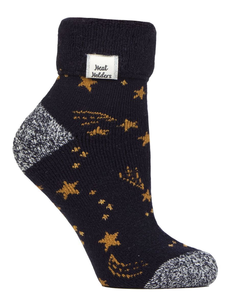 Damen Kuschelsocken mit Umschlagbündchen | Wärmehalter | Warme flauschige Lounge-Socken für den Winter - Navy/Gold Stars