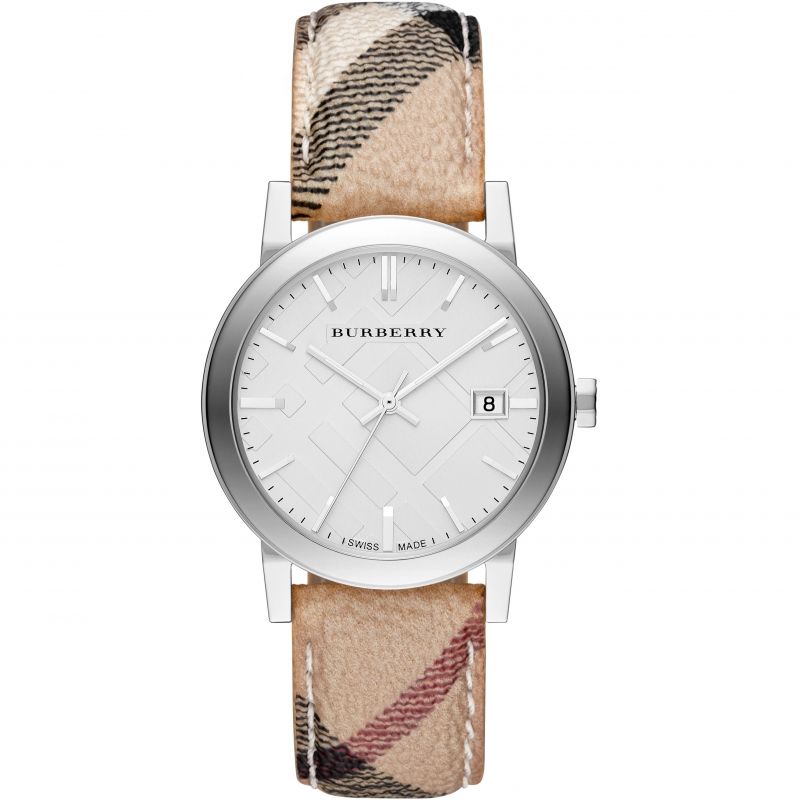 Silberfarbene karierte Uhr mit Lederarmband