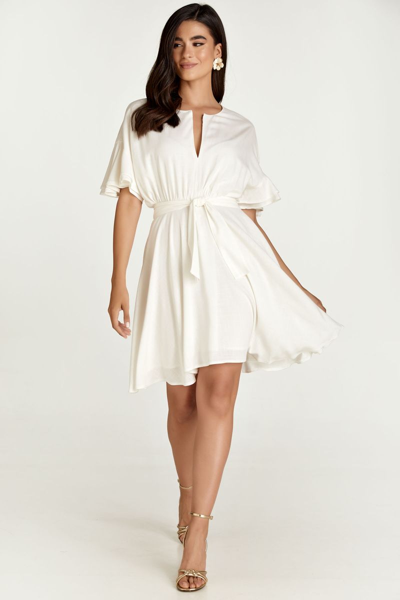 Ecrufarbenes Leinen Minikleid mit Gürtel