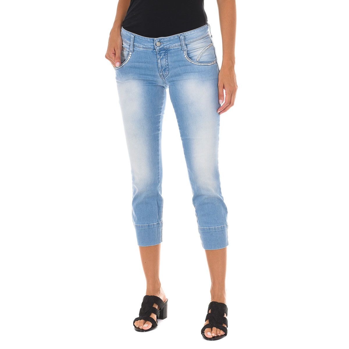 Distressed Denim Caprihose mit Strasssteinen