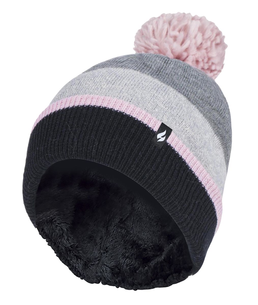 Heat Holders - Ladies Warm Knit Fleece gefüttert Winter Warm Hat mit Pom Pom - Grau / Rosa