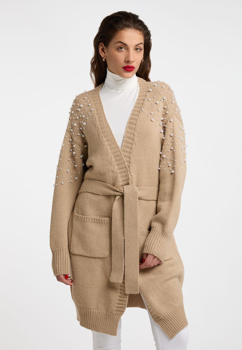Langer Strick-Cardigan mit Perlenbesatz