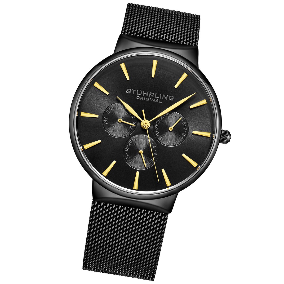 Schwarze Multifunktionsuhr mit Mesh-Armband