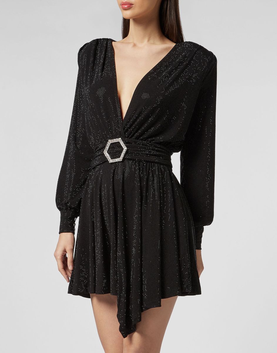 Schwarzes, verziertes Mini-Partykleid