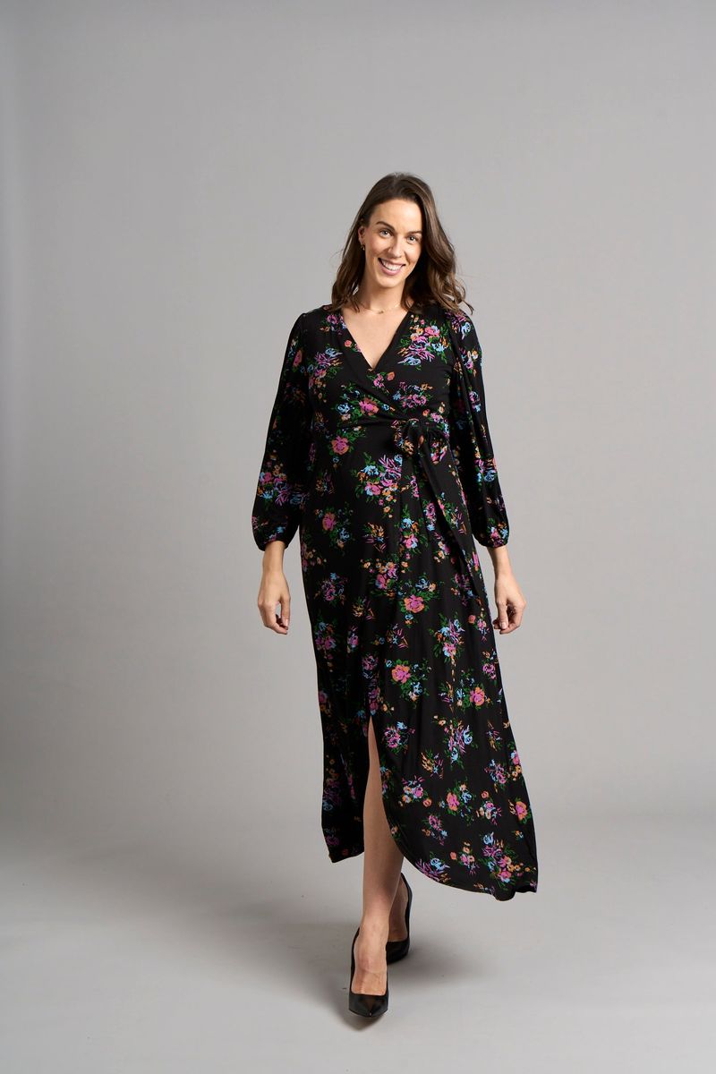 Maxi-Wickelkleid mit Blumenmuster, Schwarz