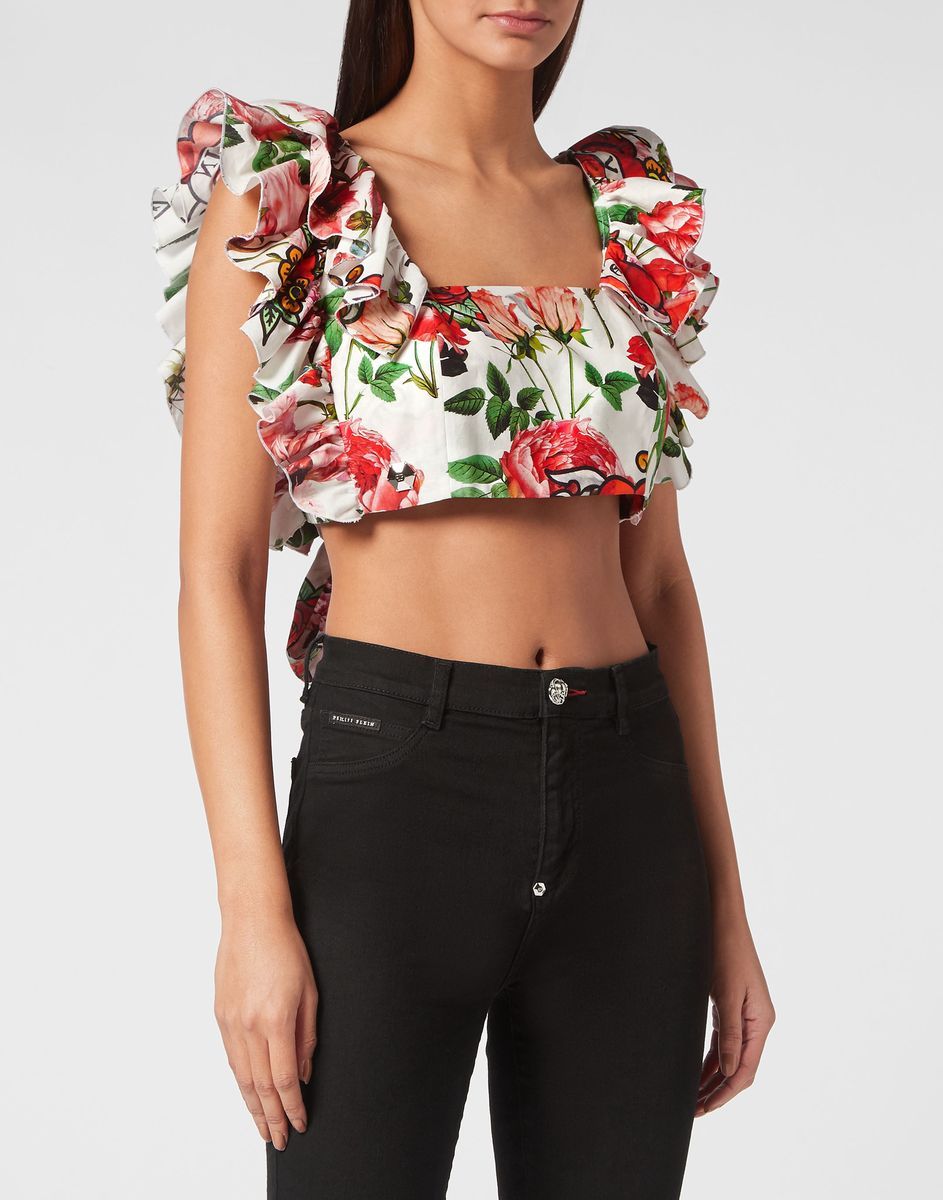 Geblümtes Crop-Top mit Rüschen