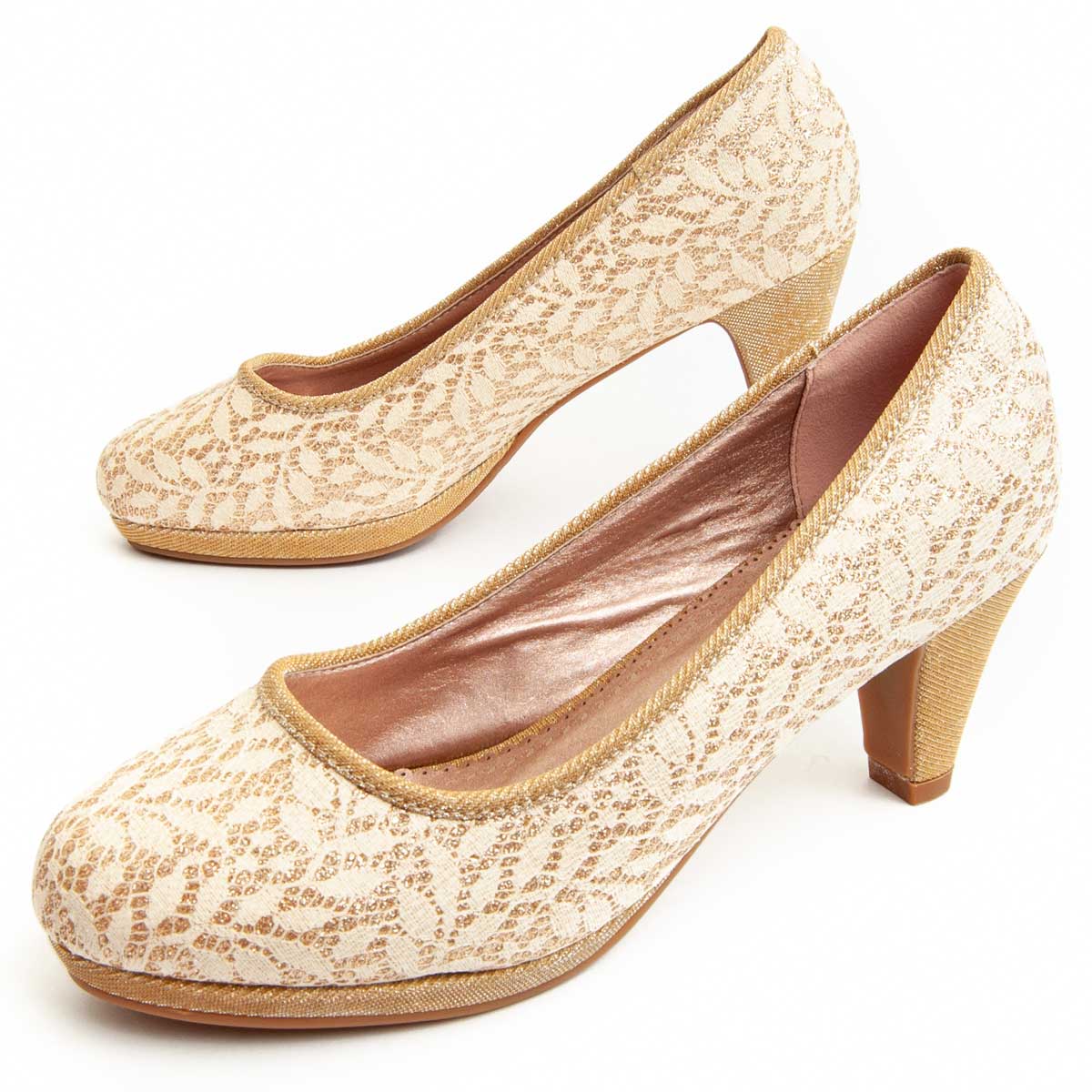 Beige Pumps mit Spitzenbezug