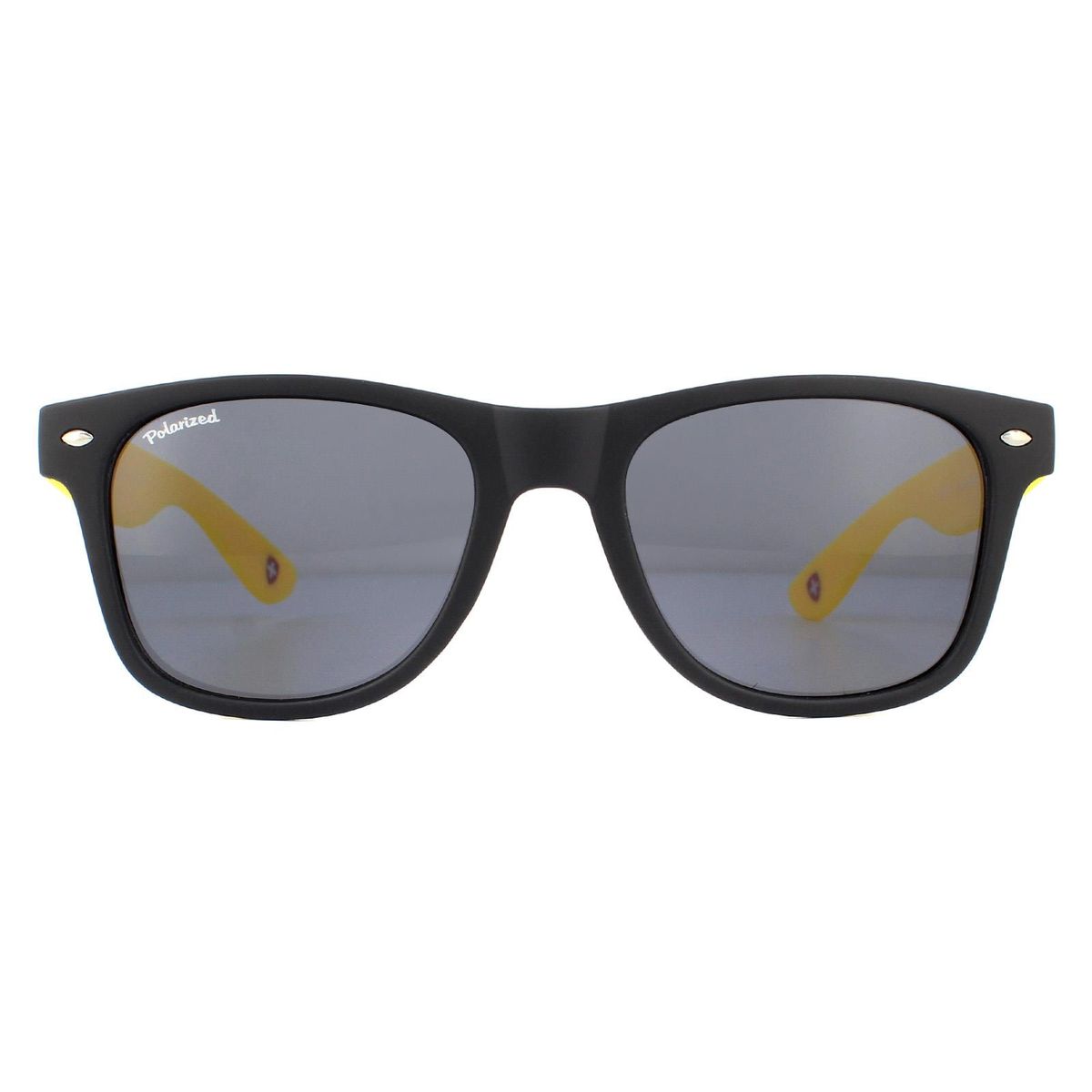 Schwarze Wayfarer Sonnenbrille mit gelben Akzenten
