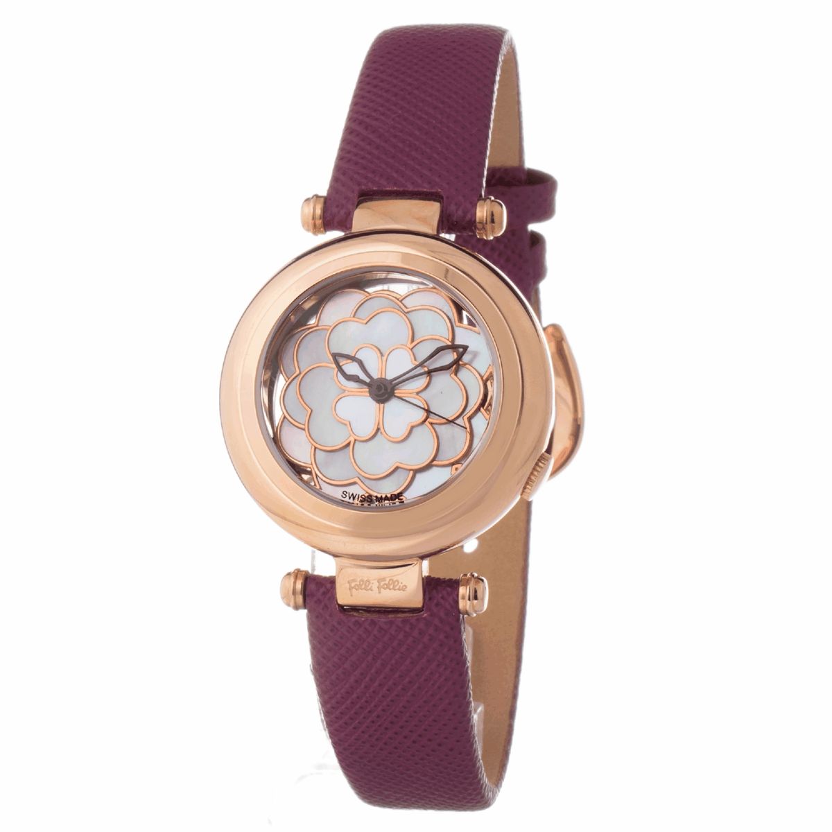 Goldfarbene Uhr mit lila Lederarmband