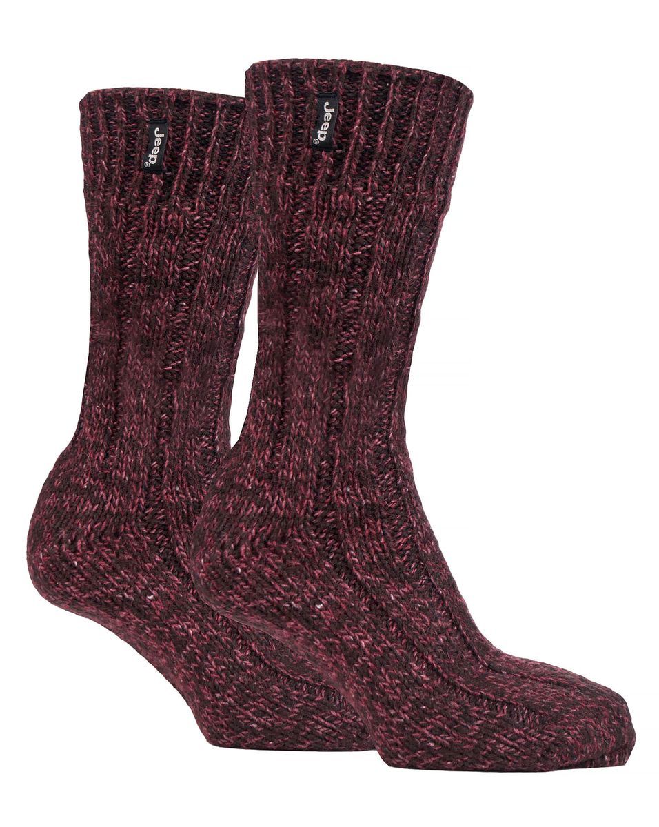 Herren Wolle Wandern Socken | Jeep | Knit Ribbed Design gepolstert Boot Socken für Trekking, Laufen, Wandern - Brown / Berry