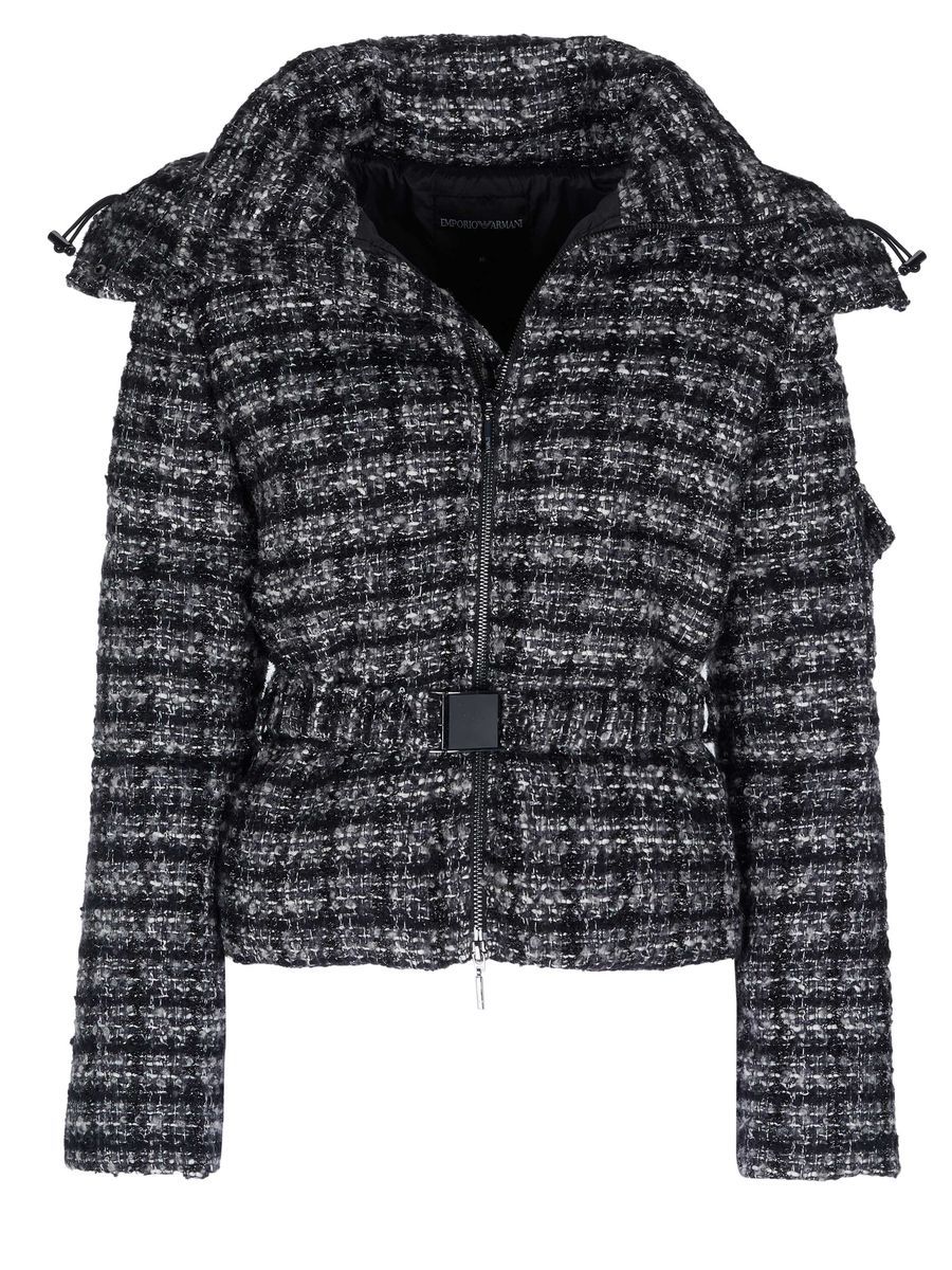 Tweed-Pufferjacke mit abnehmbarer Kapuze