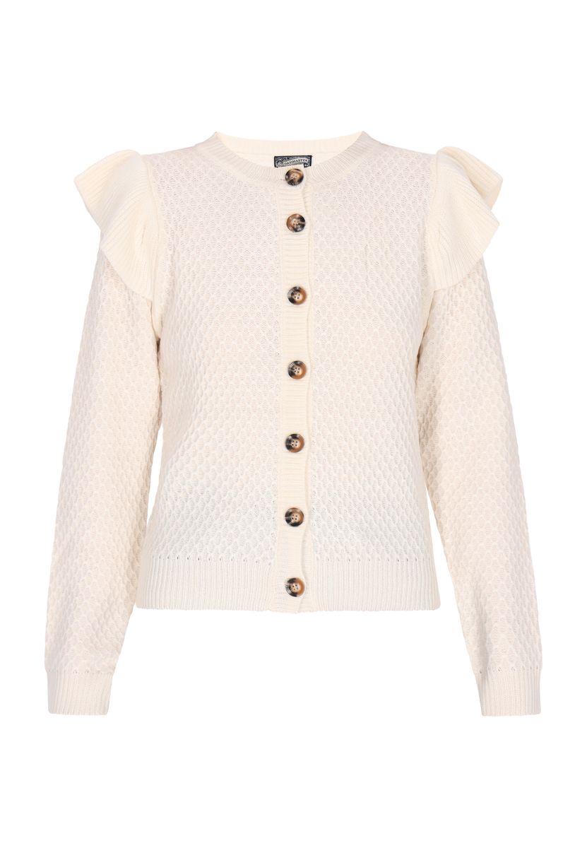Strickjacke mit Knopfleiste und Rüschenschultern