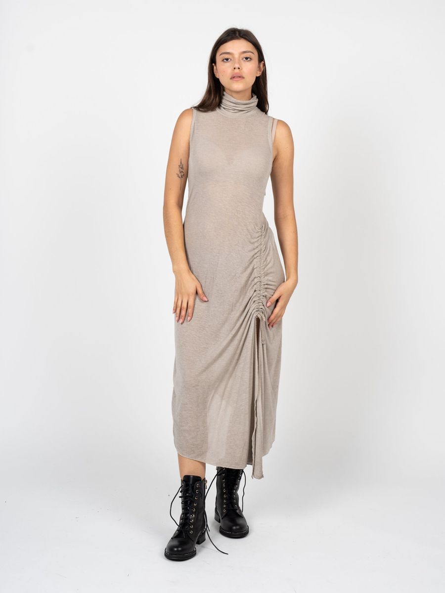 Ärmelloses Rollkragen-Midikleid mit seitlicher Raffung