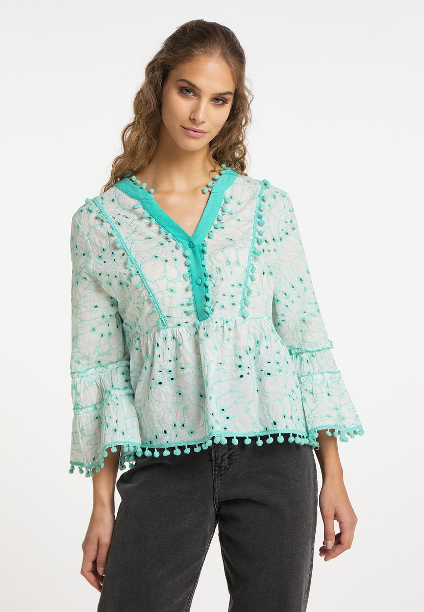 Bestickte Boho-Tunika mit Pompons