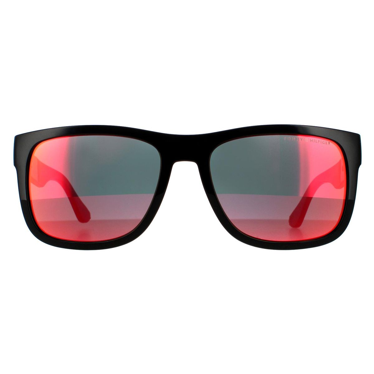 Schwarze rechteckige Sonnenbrille mit roter Spiegelglas