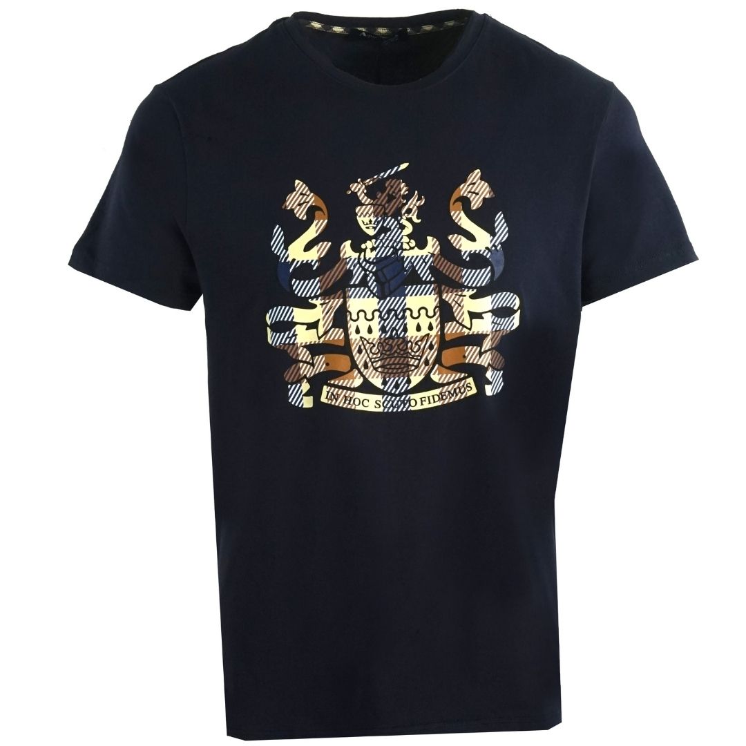 Marineblaues Wappen Grafik Baumwoll-T-Shirt