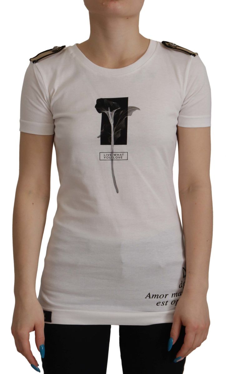 Weißes Rosen Grafik Baumwoll T-Shirt