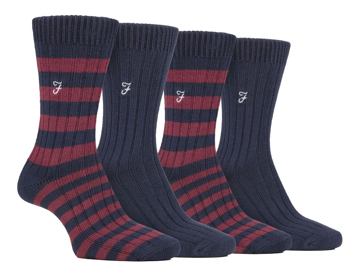 4 Paar Bambus gestreifte Stiefelsocken | Farah | Designer bestickte Socken für den Sommer - Navy / Berry