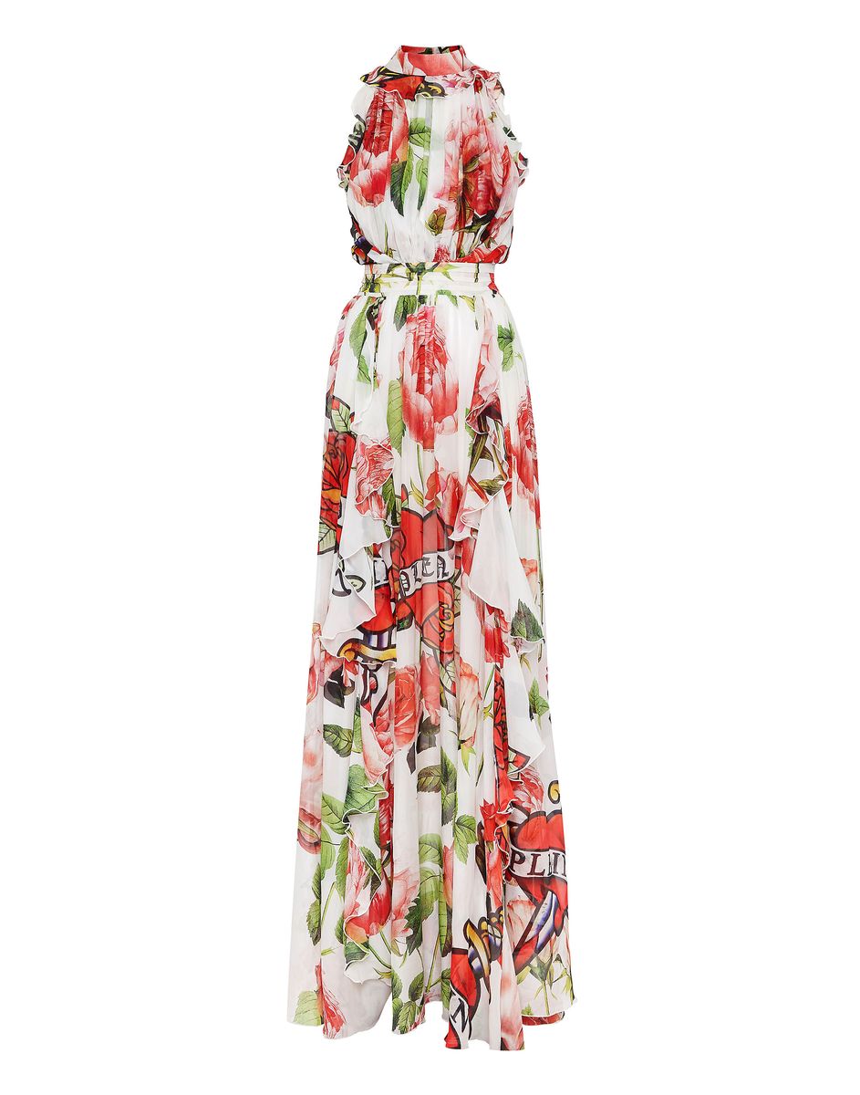 Seiden-Abendkleid mit Tattoo-Blumenprint