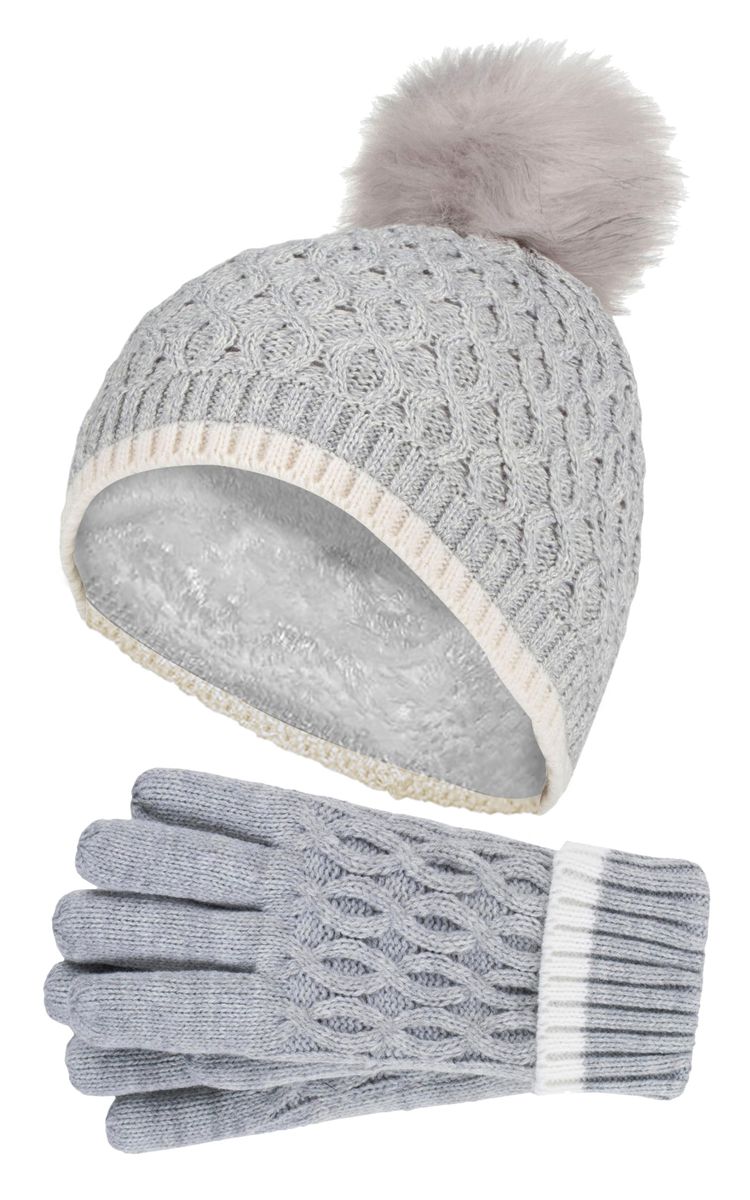 Heat Holders - Thermoisolierte Pom Pom Bommelmütze und Handschuhe für Mädchen | Bunte Pastellfarben - Wolkengrau
