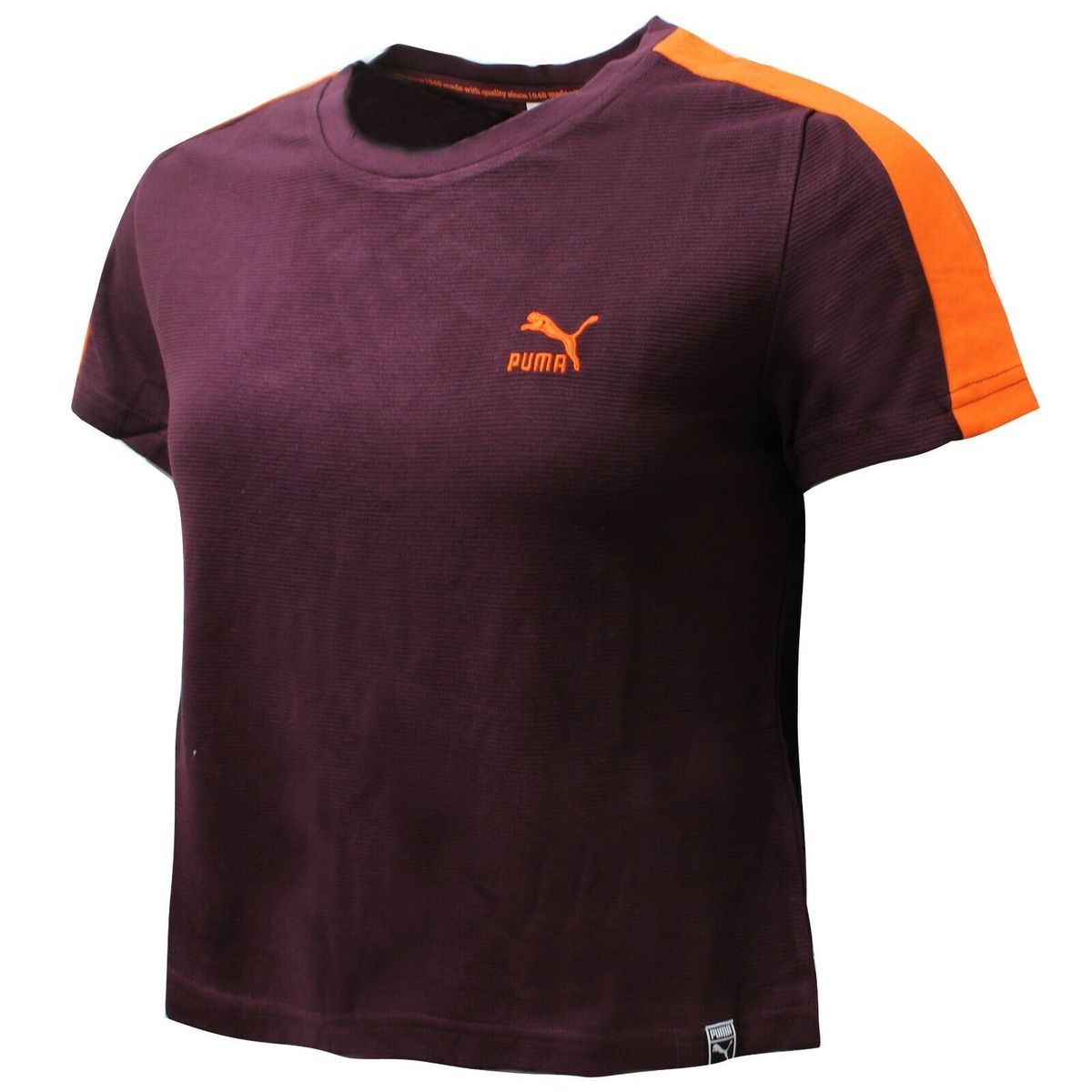 Burgundfarbenes Damen-T-Shirt mit orangefarbenen Akzenten