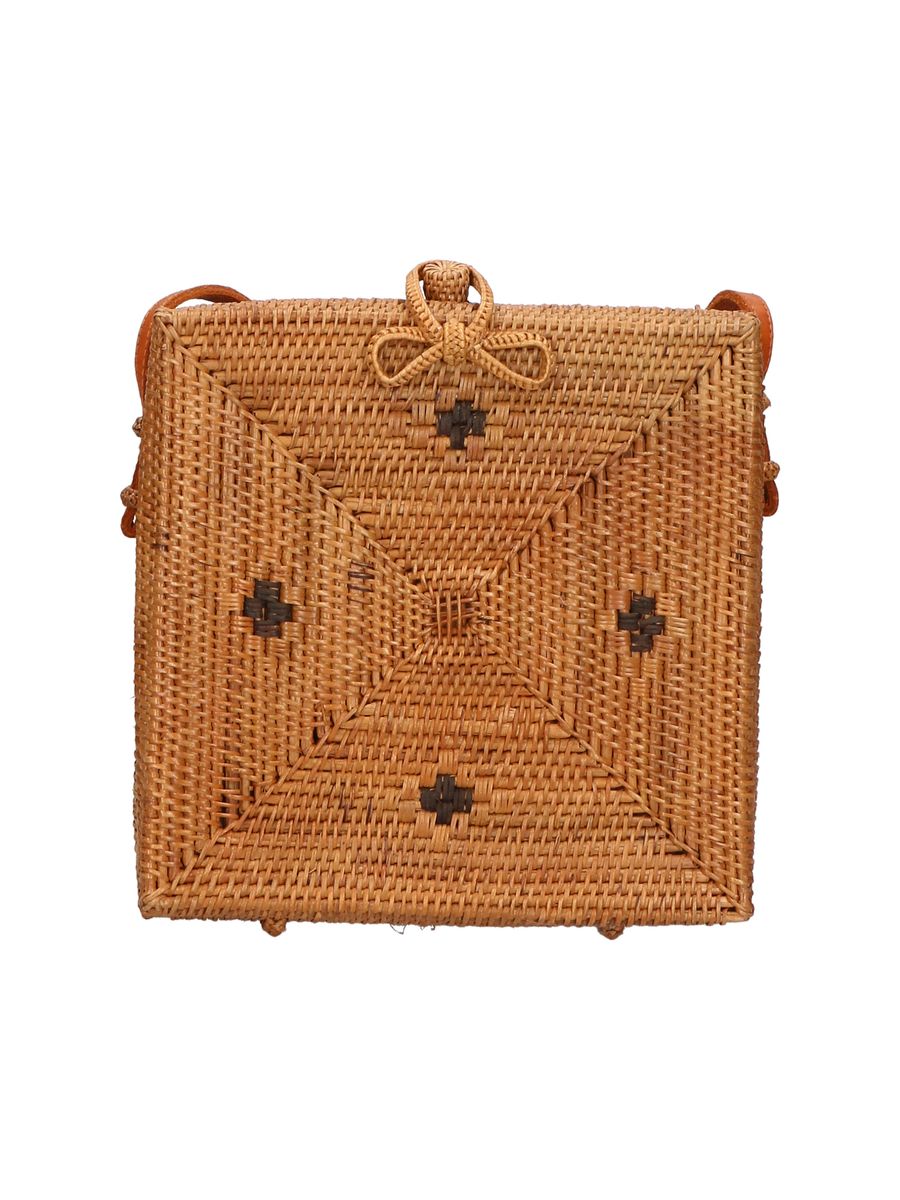 Quadratische Umhängetasche aus Rattan mit Lederriemen