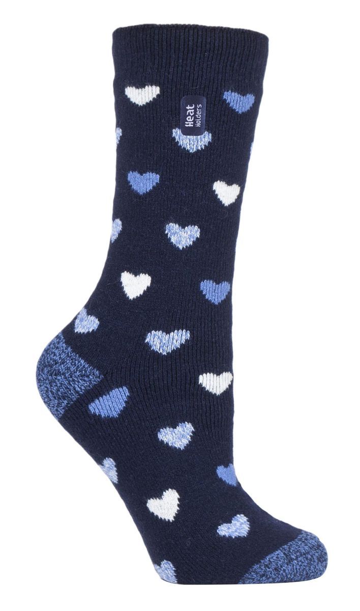 Heat Holders Lite - Womens isoliert thermische Socken | Mehrere Designs einschließlich Argyle Streifen Herzen Sterne | Warme Socken für den Winter - Navy Heart (Jasmine)