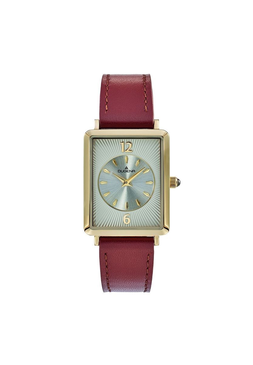 Rechteckige goldfarbene Uhr mit burgunderrotem Armband