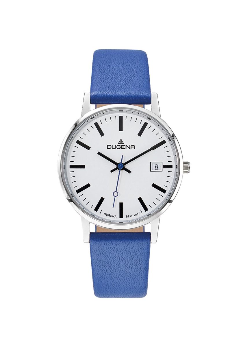 Minimalistische weiße Zifferblattblaue Lederuhr