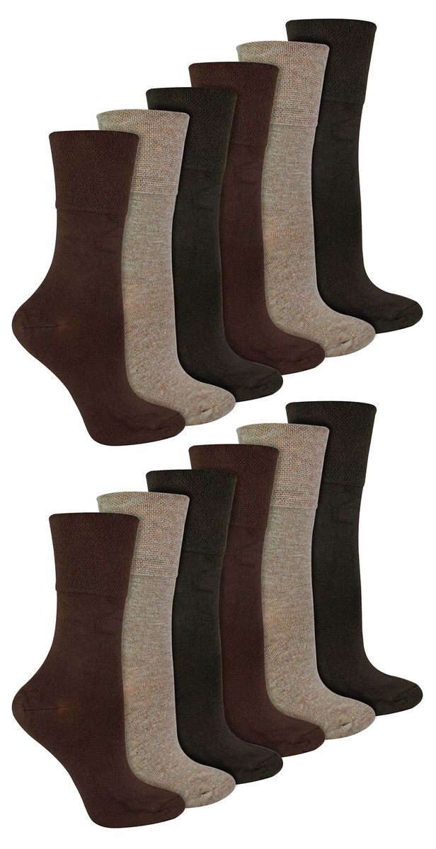 IOMI - 12 Paar Multipack Damen Diabetiker Bambus Socken | Damen Extra Wide Seamless Socken mit Non Elastic Gentle Grip Top - Dark Brown