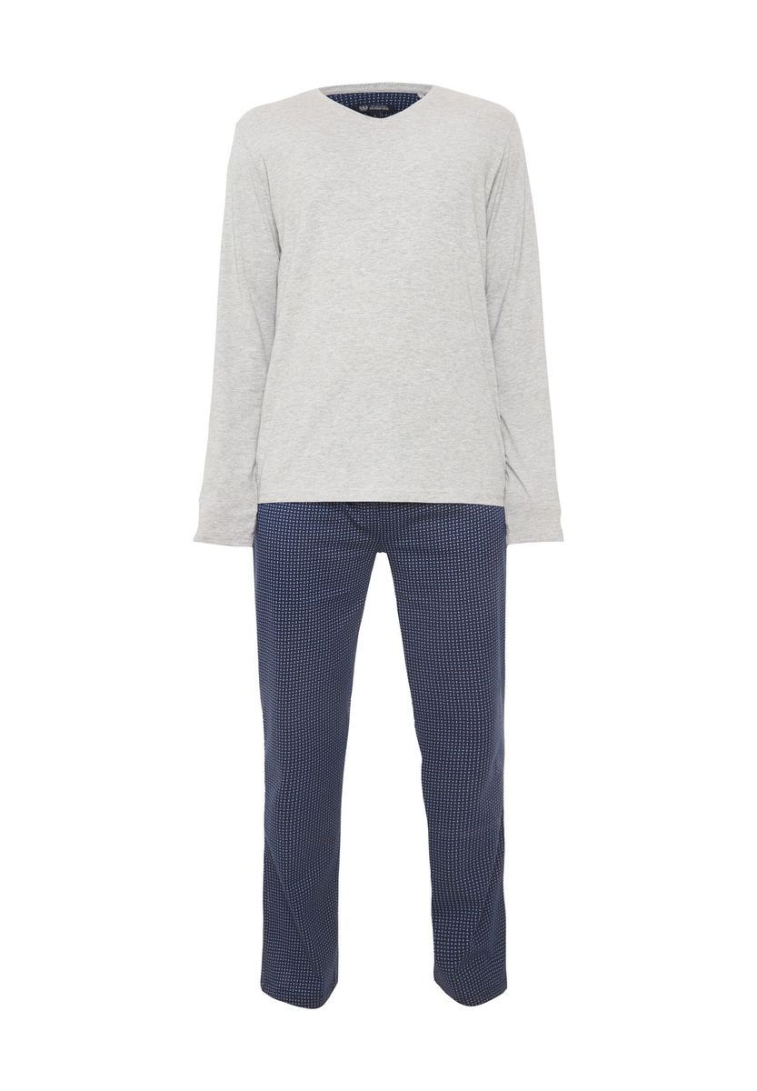 Herren Baumwoll Schlafanzug Set Blau Grau