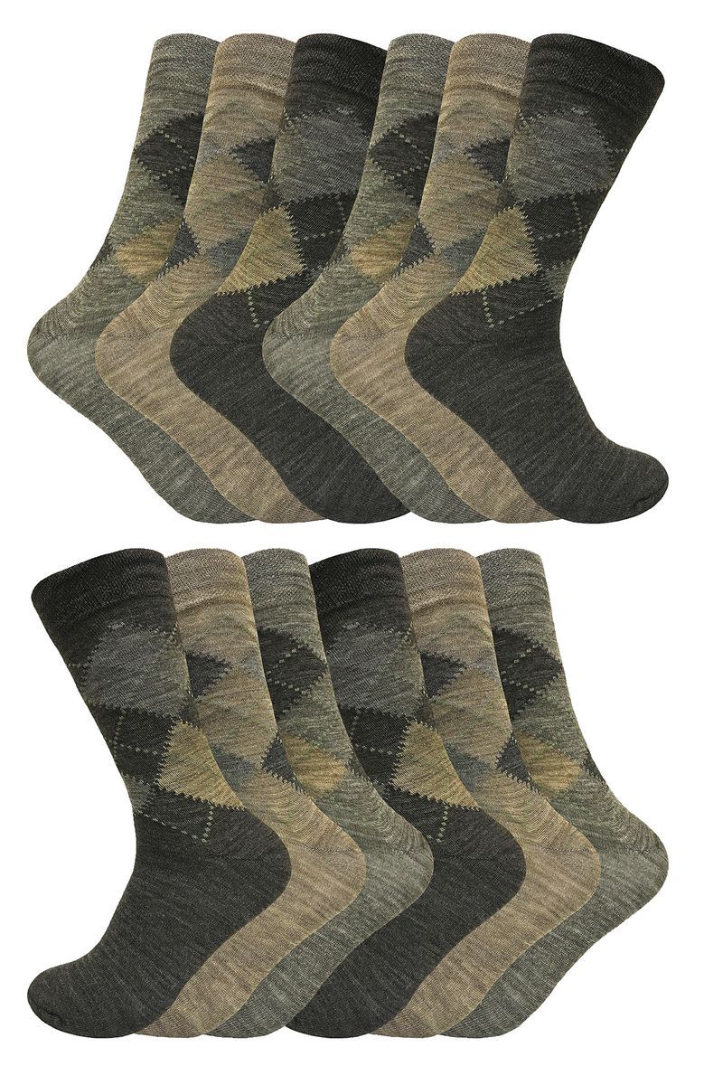 12 Paar Multipack Herren Lambswool Socken | Sock Snob | Dünne und weiche Honeycomb Top Argyle gemusterte Socken - Braun