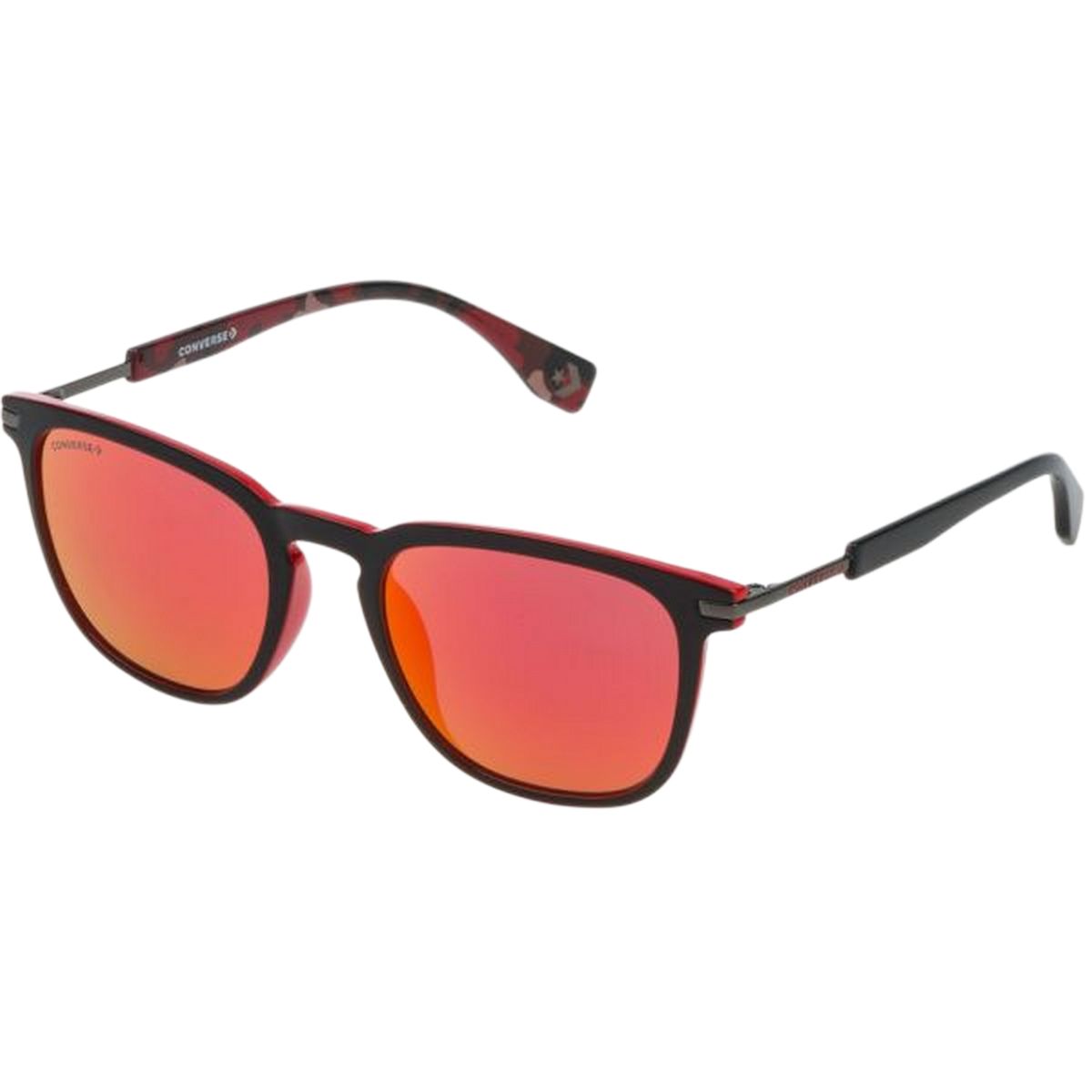 Sonnenbrille mit quadratischem Rahmen und roten Gläsern